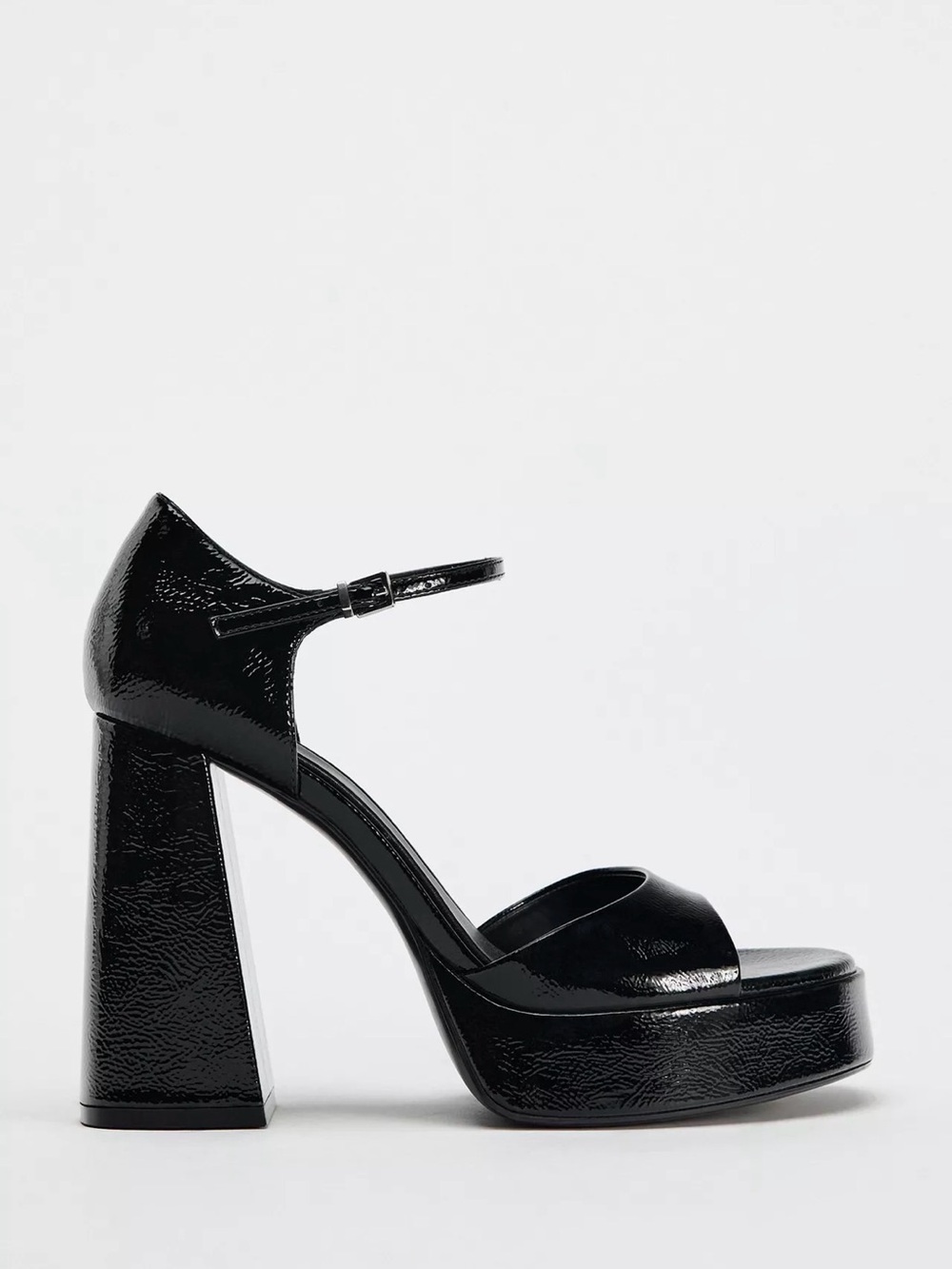 Zara Black Faux Patent Leather Platform Block-Heel Sandals Size 38